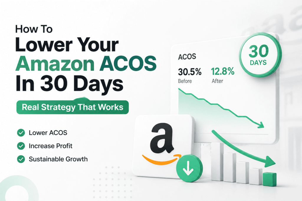 Amazon PPC ACOS reduction strategy showing how to lower ACOS in 30 days, with before-and-after metrics, declining chart, and increased profit indicators.