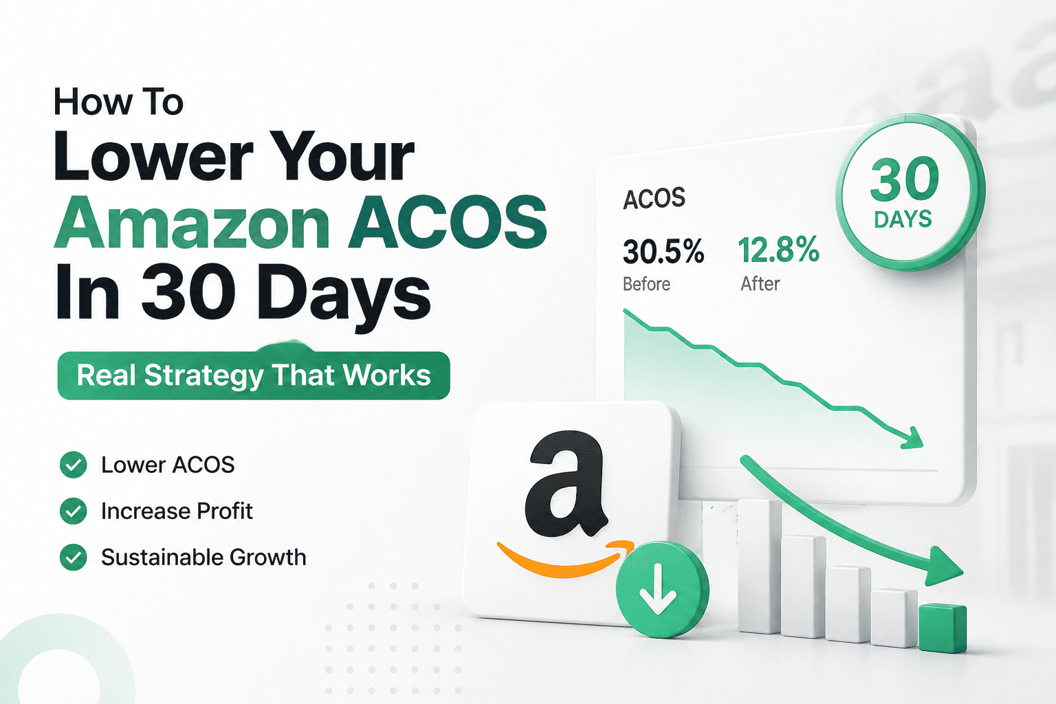 Amazon PPC ACOS reduction strategy showing how to lower ACOS in 30 days, with before-and-after metrics, declining chart, and increased profit indicators.