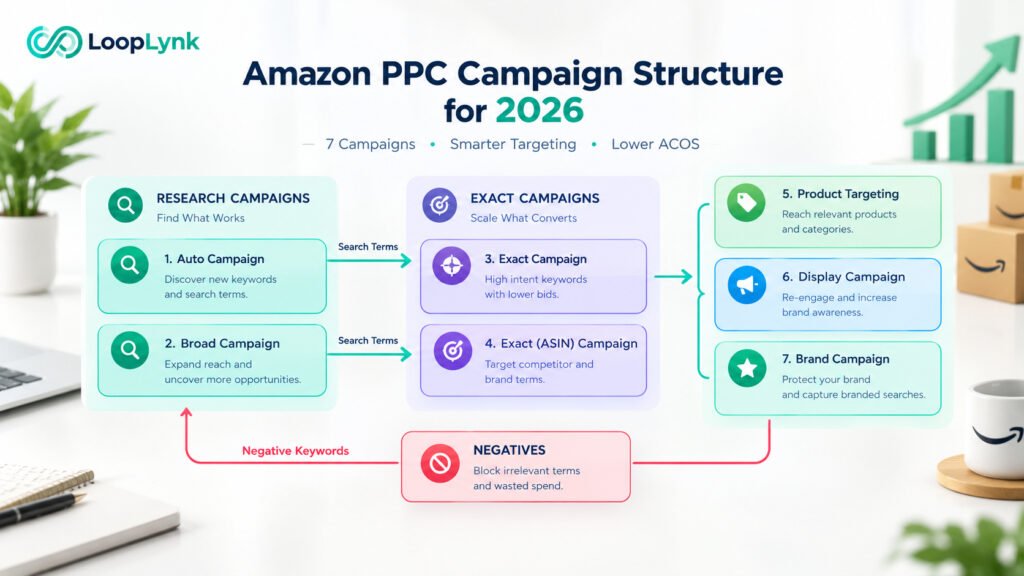 Amazon PPC campaign structure for 2026 showing seven campaigns, including Auto, Broad, Exact, ASIN, Product Targeting, Display, and Brand campaigns, with search term and negative keyword flow.